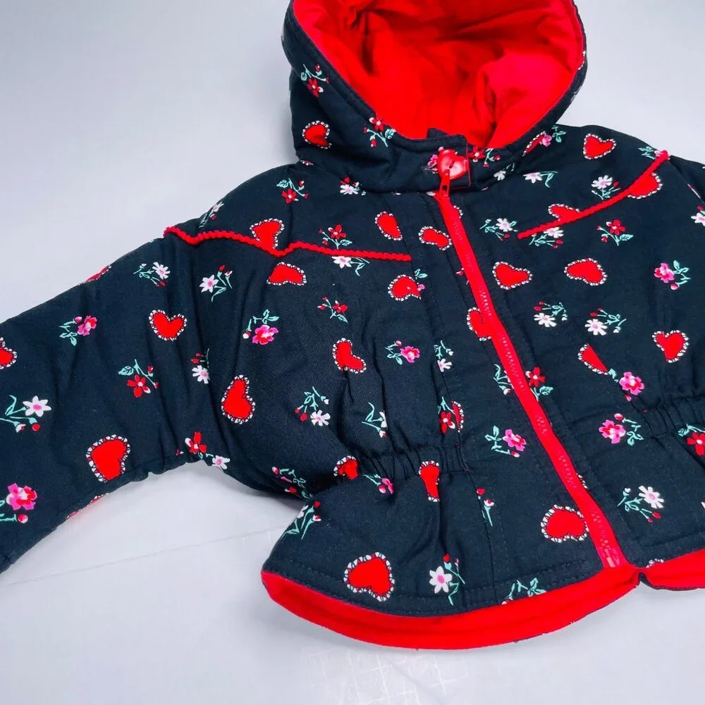 Vintage Baby Girls Black + Red Heart + Floral Print Winter Puffer Coat 12m